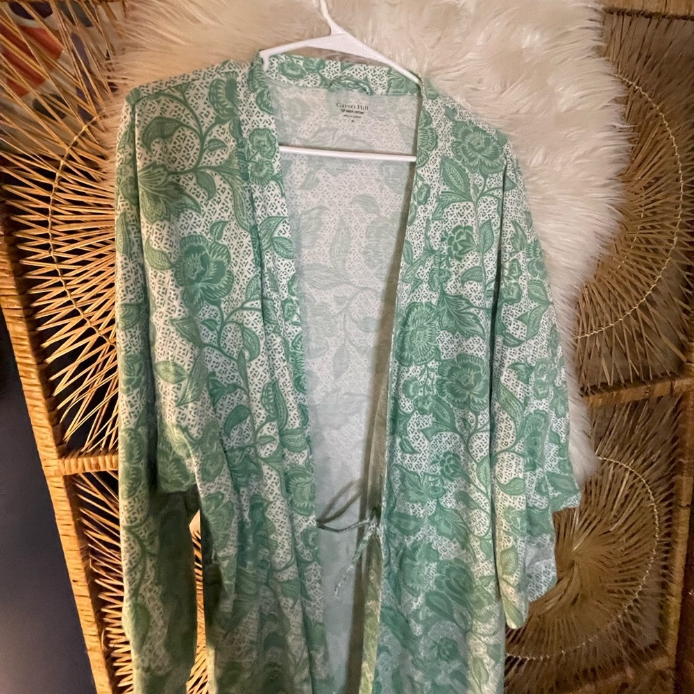 Garnet Hill Womens Asian Wrap Organic Cotton Robe Green Floral Cottagecore M - Picture 8 of 10